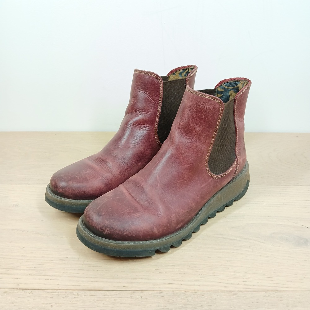 Fly London Ankle Boots Women's 7-7.5 /38 Burgundy Rug Leather Chelsea Wedge - Picture 1 of 12